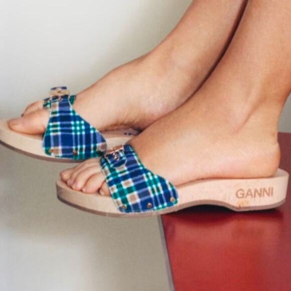 Ganni x Dr Scholls Slip On Pescura Heel Sandals Plaid Strap Blue Womens Sz 7 NEW - Picture 1 of 16